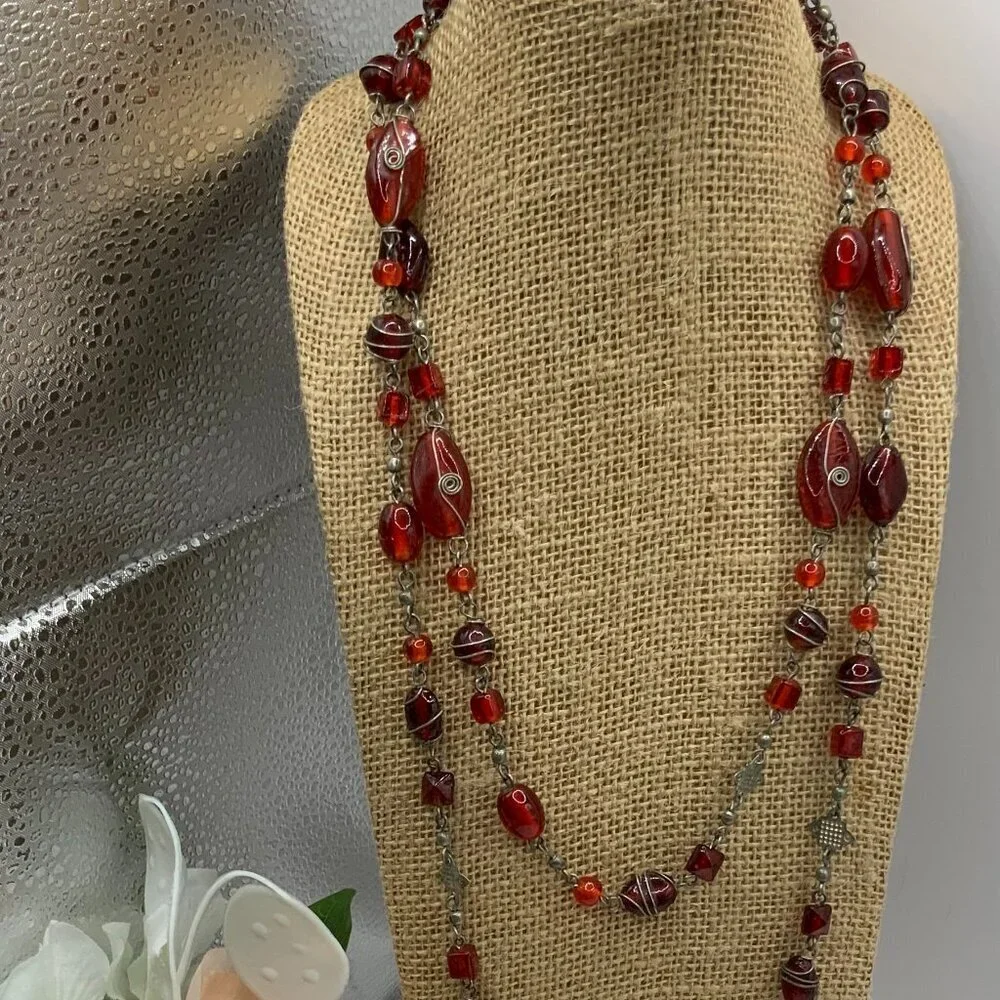 Handcrafted Vintage Style Boho Red Glass Beaded Metal Accent Long Necklace